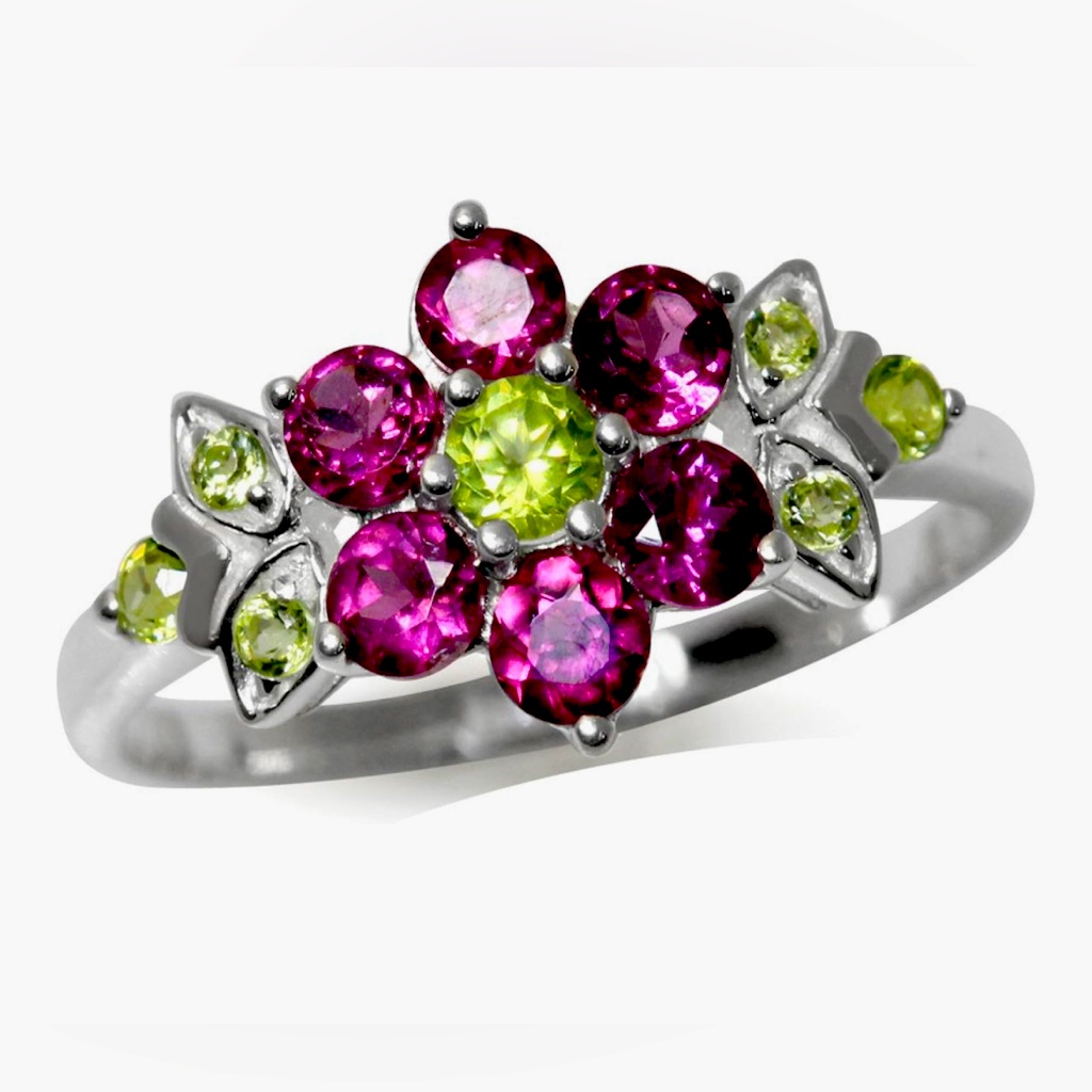 Unique 925 Sterling Silver Amethyst Peridot Flower Cocktail Ring Size 8